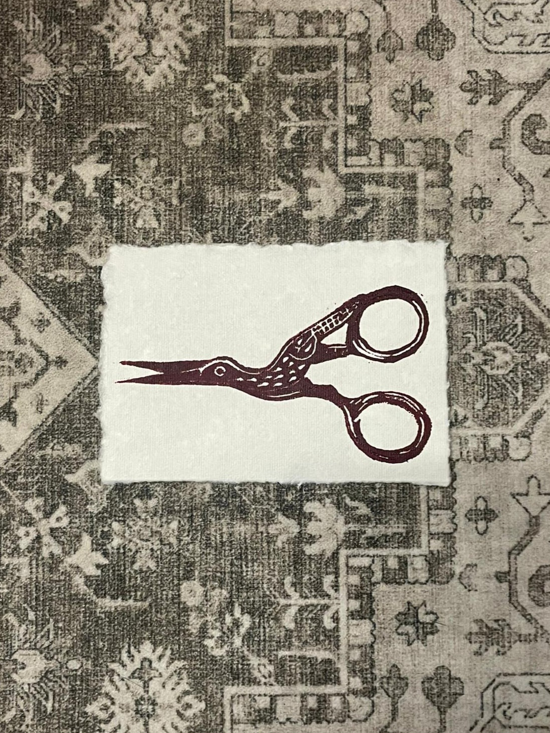 A7 Lino Print - Stork Scissors