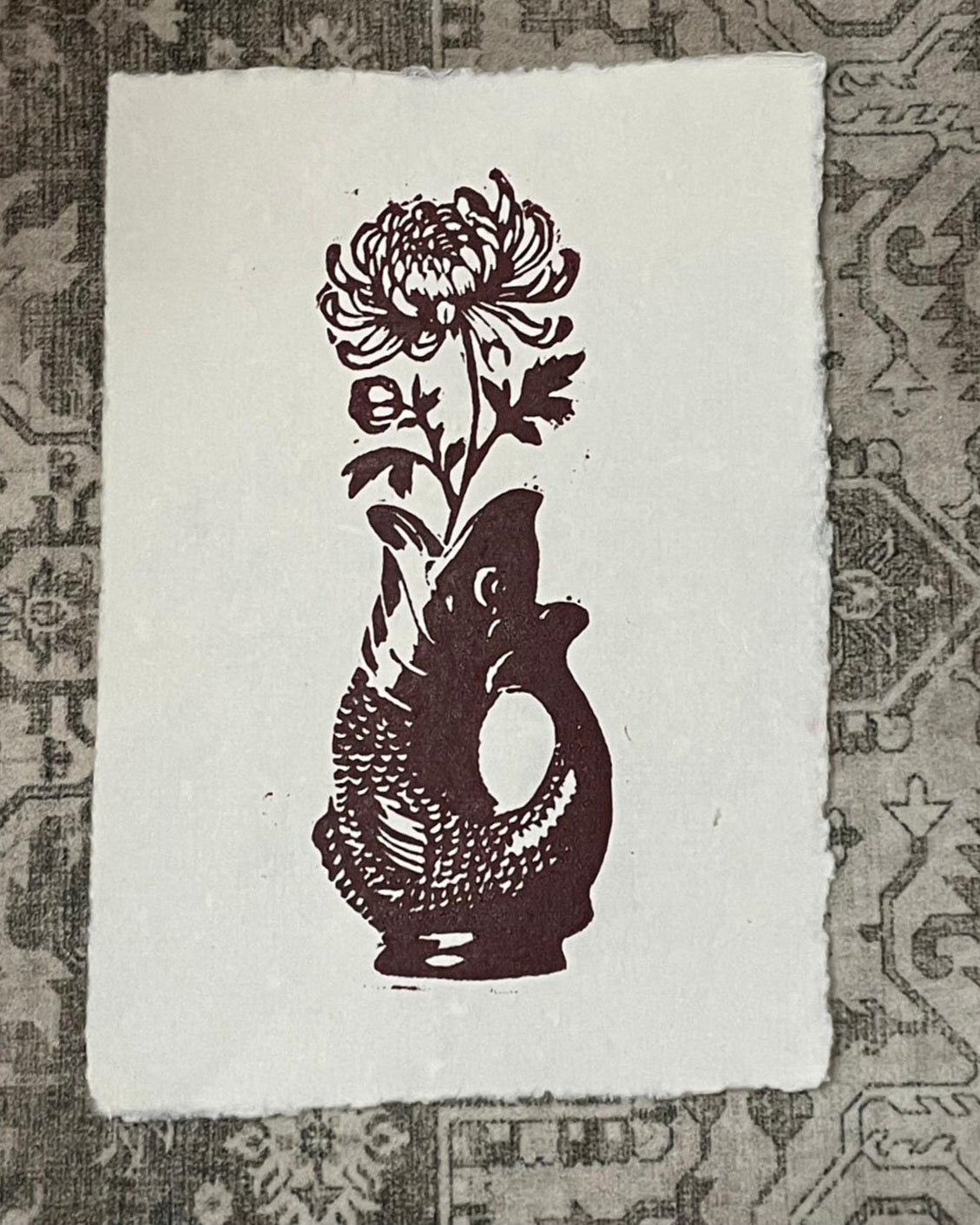 A5 Lino Print - Fish Vase
