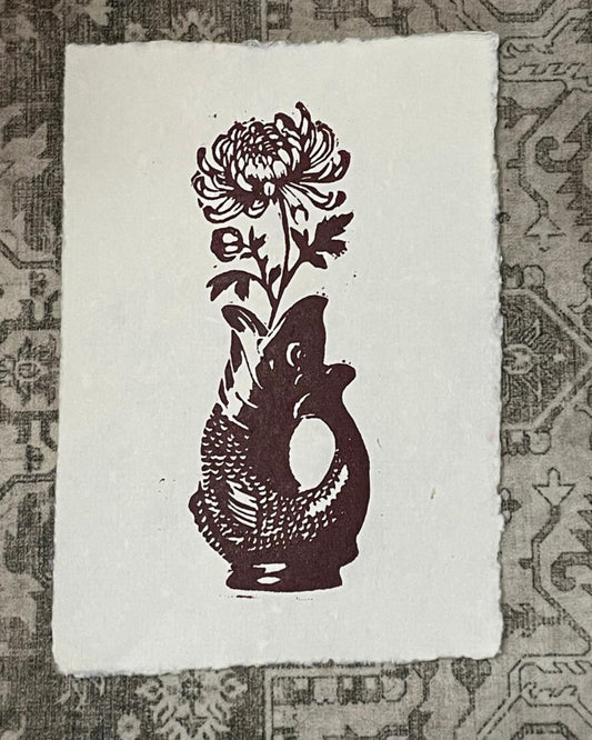 A5 Lino Print - Fish Vase